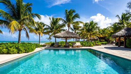 Fototapeta premium Tranquil outdoor swimming pool area with lush landscaping and ocean views, showcasing a serene tropical paradise.
