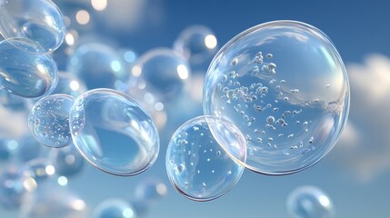 Transparent bubbles with light reflections are floating in the blue sky, showing a delicate and pure visual effect.