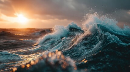 Dramatic ocean waves at sunset, water splashes, golden light