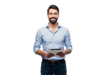 Photo of handsome man holding a tablet isolated on transparent background and smiling