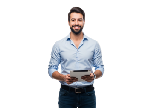 Photo of handsome man holding a tablet isolated on transparent background and smiling