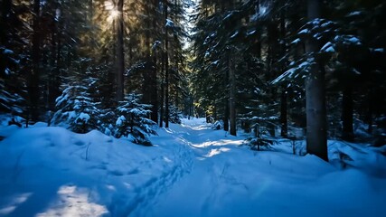 Path through snow-covered forest with bright sun shining through the tall trees above