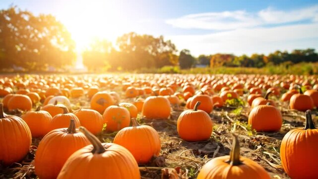 Pumpkin patch extends to horizon under a sunny sky