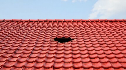 Red Tiled Roof Damage With a Large Hole Exposed to the Sky on a Clear Day