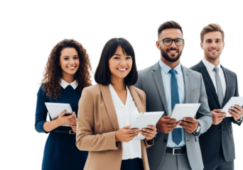 Photo of group of diverse business people with tablets isolated on transparent background