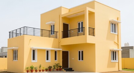 Stunning modern yellow house with balcony under blue sky day