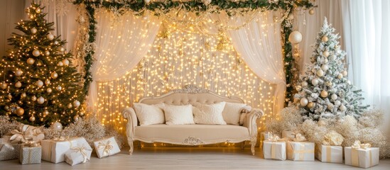 Festive Christmas scene featuring decorated trees, sofa, gifts, and twinkling lights creating a warm, inviting ambiance.