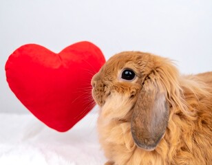 Fluffy bunny near red heart