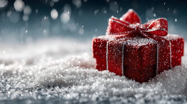 A small, red glittery gift box with a bow sits on a bed of snow du a light snowfall setting.