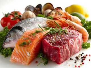 An assortment of fresh seafood and meat including salmon steak displayed with herbs and vegetables closeup.