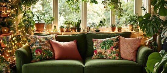 A cozy living room scene with a green sofa and lush plants.