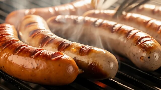 Sausages are grilling and being turned with tongs, showing grill marks and steam