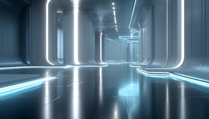 Naklejka premium A futuristic sci - fi corridor with sleek design and glowing lights, showcasing modern technology and minimalist style.