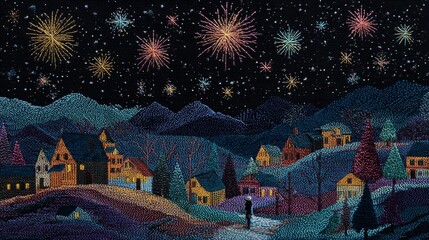 Obraz premium A starry night sky ablaze with colorful fireworks over a quaint, illuminated village