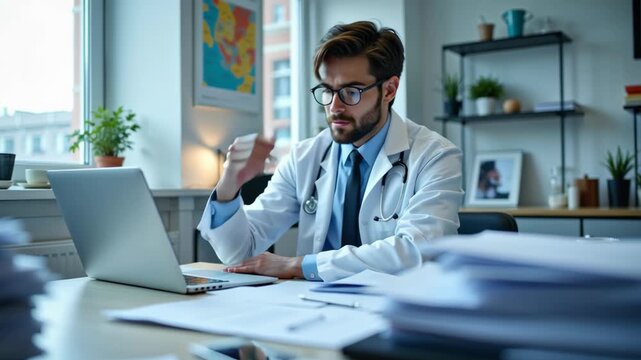 Doctor Hospital Office Workaholic Stressed Paperwork Male Adult Professional Medical Overworked Doctor Hospital Office Surrounded by Paperwork Using Laptop Experiencing Fatigue and Healthcare Stress