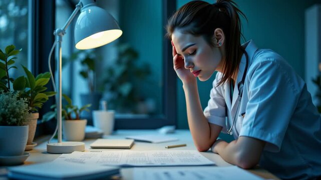 Tired female doctor at hospital desk working late night under lamp light, surrounded by paperwork and plants, showing exhaustion, stress, tired dedication, overwhelmed by workload