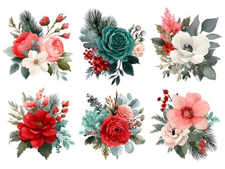 Festive floral bouquets feature roses and berries with evergreen accents on a clean white backdrop design.