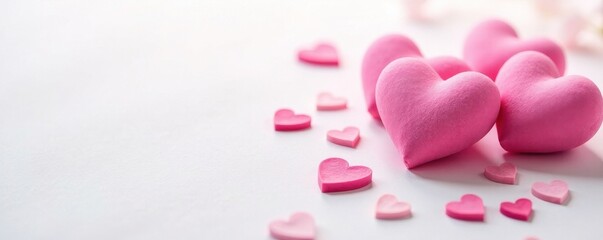 Delicate pink hearts strewn across pure white , simple, pastel