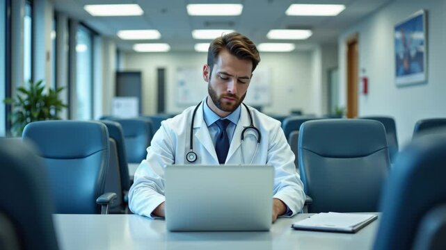 Doctor laptop hospital professional male medical office stethoscope serious healthcare worker focused and dedicated, workaholic male doctor white coat with stethoscope works intently laptop modern
