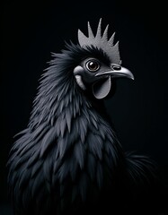 Fototapeta premium Striking Image of a Fluffy Black Hen Highlighted Against a Pure Black Background