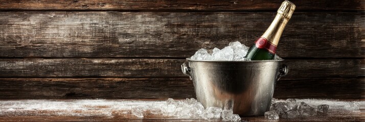 Celebratory Champagne Bottle Chilling in Ice Bucket on Wooden Table Ready for Special Occasion