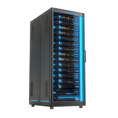 Realistic PNG of a Modern Server Rack with Glowing LED Lights