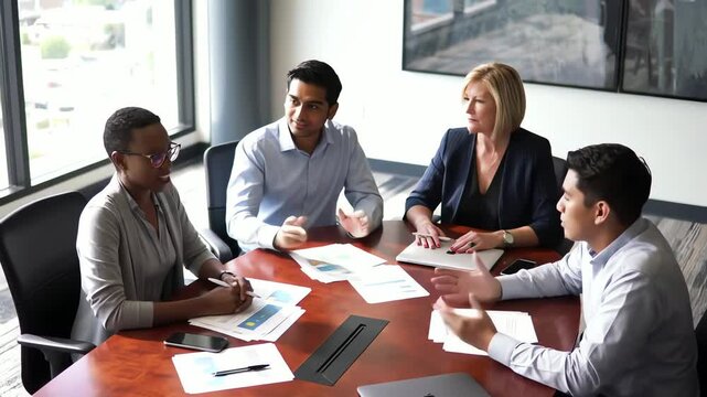 Dynamic multicultural team brainstorming business strategy in modern office, fostering innovation and collaboration for success, driving growth together