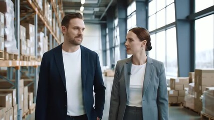 Dynamic warehouse walk and talk, two professionals discussing logistics and supply chain, modern industrial backdrop, teamwork and communication in action - Powered by Adobe