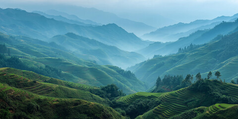 Obraz premium Misty morning over Chinese rice terraces, layers of green hills