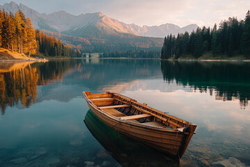 Obraz premium Small eco-friendly wooden boat floating on pristine mountain lake, surrounded by pine forests