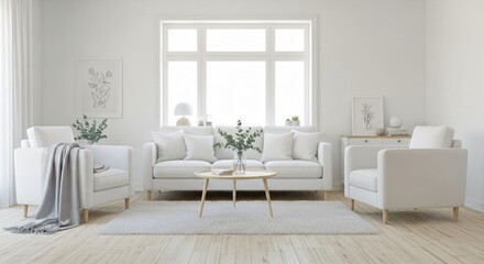 Elegant white living room interior design with bright natural light