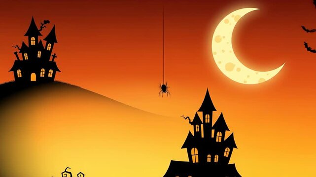 Spooky Halloween scene with a haunted house, bats, and a full moon, perfect for holiday projects, creating a chilling atmosphere