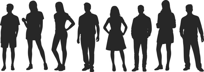 Group of people silhouettes, standing individuals, diverse poses, men and women, black silhouettes, isolated on white background, casual stance, modern style, body language, social interaction