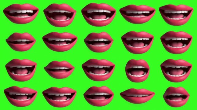 Animated Red Lips with Array of Smiling Mouths on a Vibrant Green Screen.