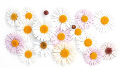 Fototapeta premium Collection of daisy flowers arranged on a white background, bathed in natural daylight.