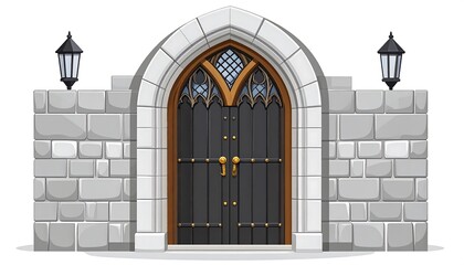 Fototapeta premium An ornately carved gothic archway door, framed by a stone wall, and topped with decorative outdoor lamps, creates an imposing and elegant entrance.