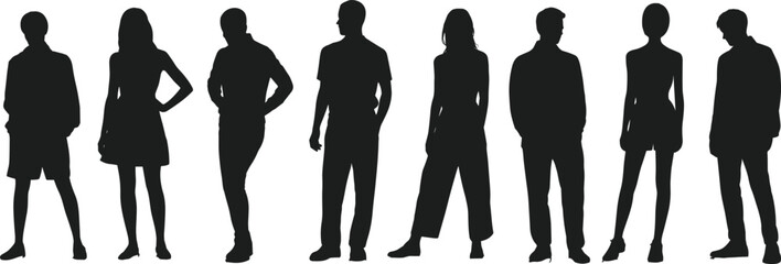 Group of people silhouettes, standing individuals, diverse poses, men and women, black silhouettes, isolated on white, casual stance, fashion models, modern style, social interaction, body language