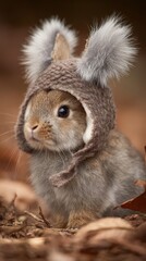 Fototapeta premium Cute baby rabbit wearing a knitted hat.