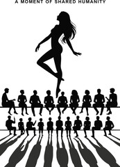 Silhouette dancing woman, group of seated people, human connection, shadows on floor, shared humanity, abstract art, social gathering, diverse crowd, unity, togetherness, black and white