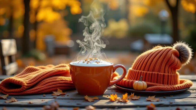 Steaming mug pumpkin autumn orange hat cozy scarf outdoor wooden table fall leaf warm drink relaxing atmosphere with seasonal beverage foam, peaceful nature park sunlight, sweater weather comfort
