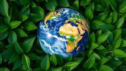 Earth globe surrounded by lush green leaves, symbolizing environmental awareness under natural ambient light.