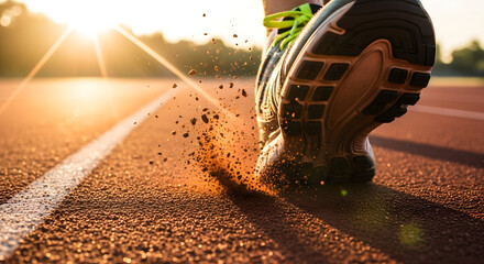 Close-up of a runner's shoe kicking up dirt on a track at sunrise, symbolizing a powerful start