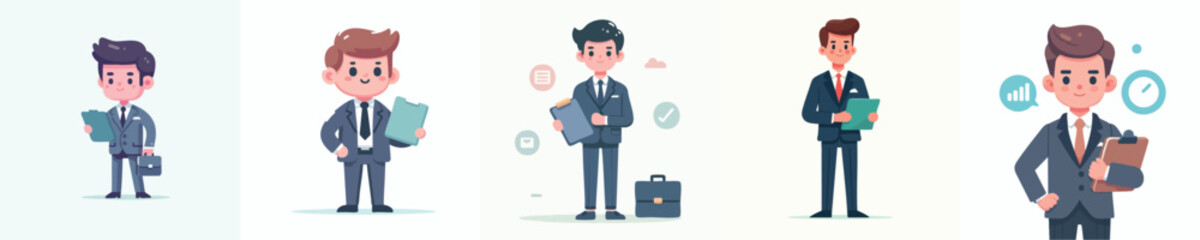 Flat Design Illustration of Young Sales Executive Holding Clipboard in Corporate Style