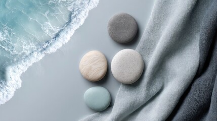 Plakat Serene beach stones and flowing fabric with gentle ocean waves