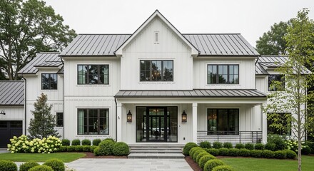 Stunning modern farmhouse exterior with professional landscaping
