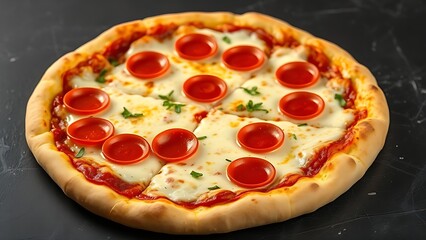 Pepperoni pizza with melted cheese on a dark slate, showcasing delicious comfort food.