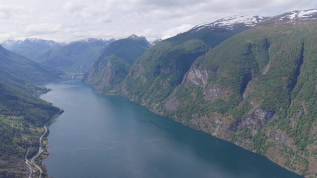  Scenic view of Aurlandsfjord from Stegastein viewpoint in Aurland, Norway