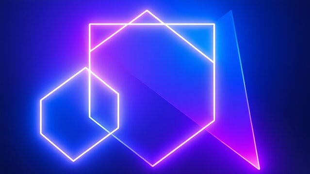 Futuristic composition of glowing geometric shapes in blue and purple gradients.