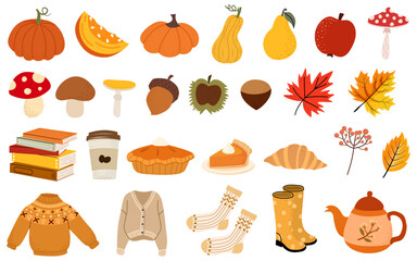 A charming vector set of cozy autumn elements, including pumpkins, leaves, food, and cozy apparel. Perfect for fall designs.