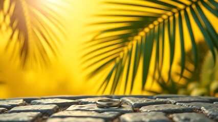Tropical leaf silhouette on a yellow summer background with a silver ring on cobblestone.